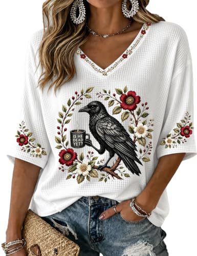 Bird & Crow Floral Print V-Neck Half-Sleeve T-Shirt