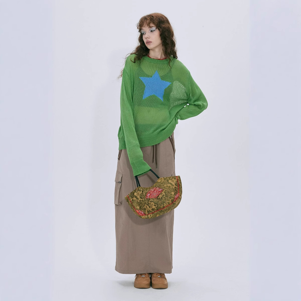 Sheer Star Cutout Knit Top Long Sleeve Crew Neck