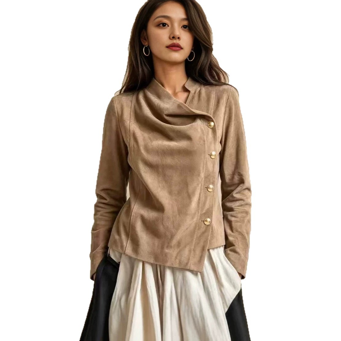 Suede Stand Collar Asymmetric Button Short Jacket