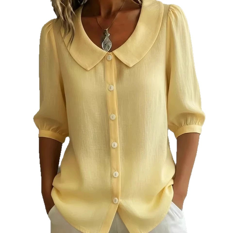 Women's Linen-Blend V-Neck Short-Sleeve Shirt Loose Casual Commuter Top