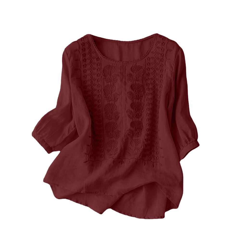 Embroidered Loose Cotton-Linen T-Shirt Women's Retro Round Neck Short Sleeve