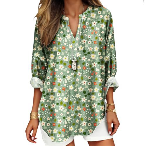 Women's Floral Polka Dot Print V-Neck Long Sleeve T-Shirt