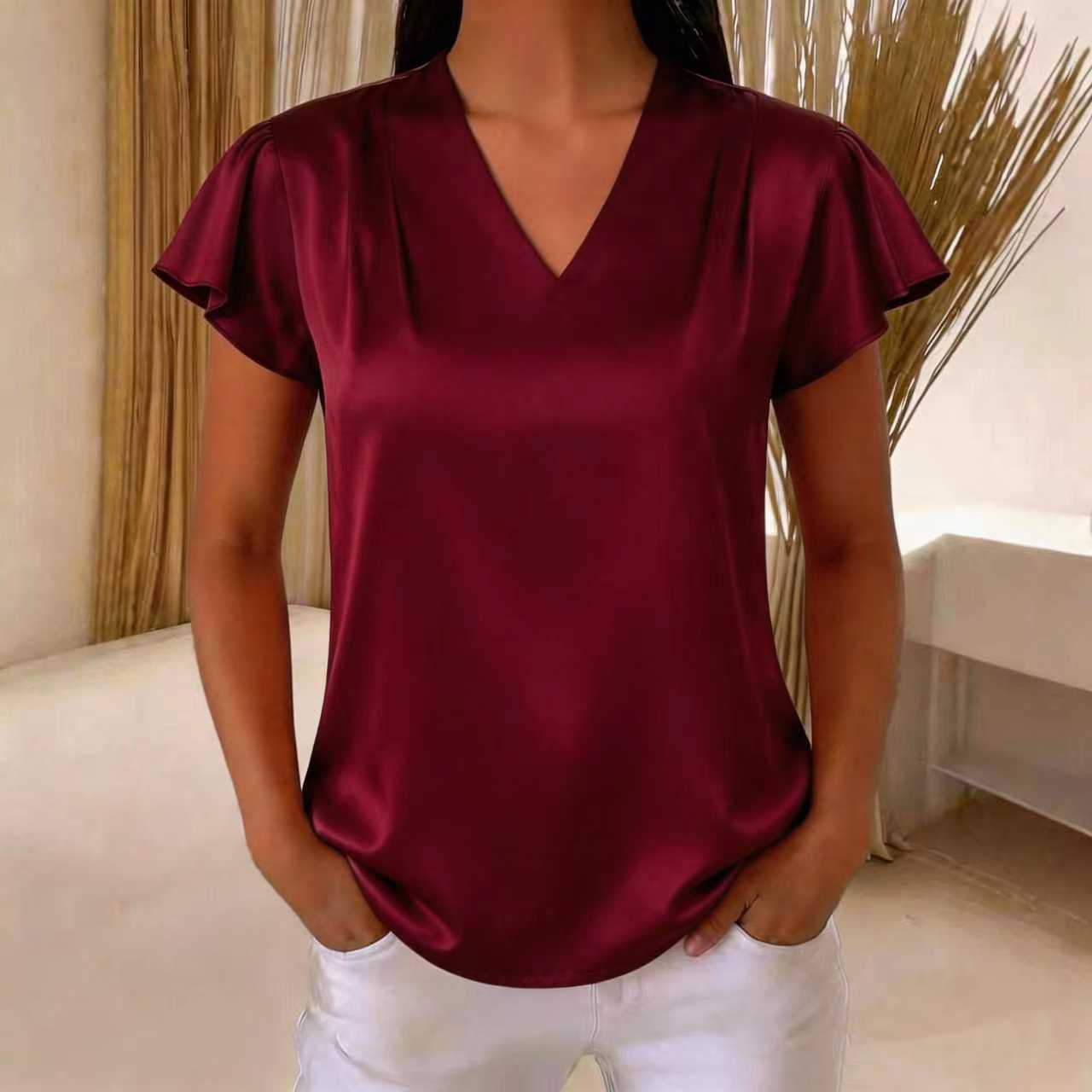 V-Neck Chiffon Pleated Loose Short Sleeve Top