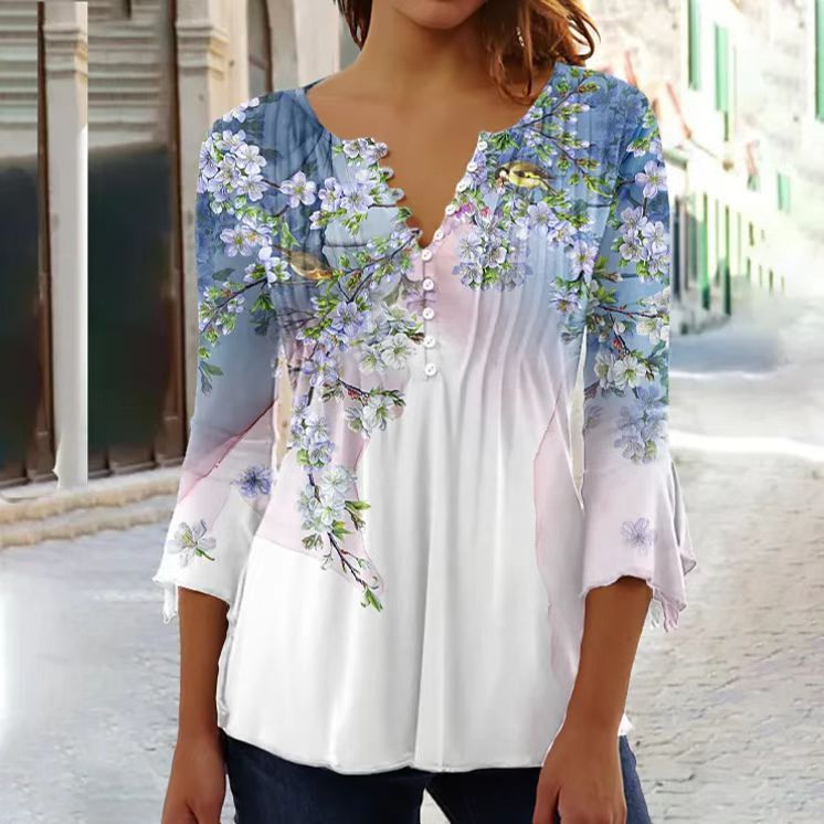Floral Print V-Neck Short Sleeve Pleated Button T-Shirt