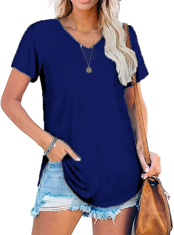 Women's V-Neck Knit Short Sleeve T-Shirt Loose Plus Size Solid Color Top