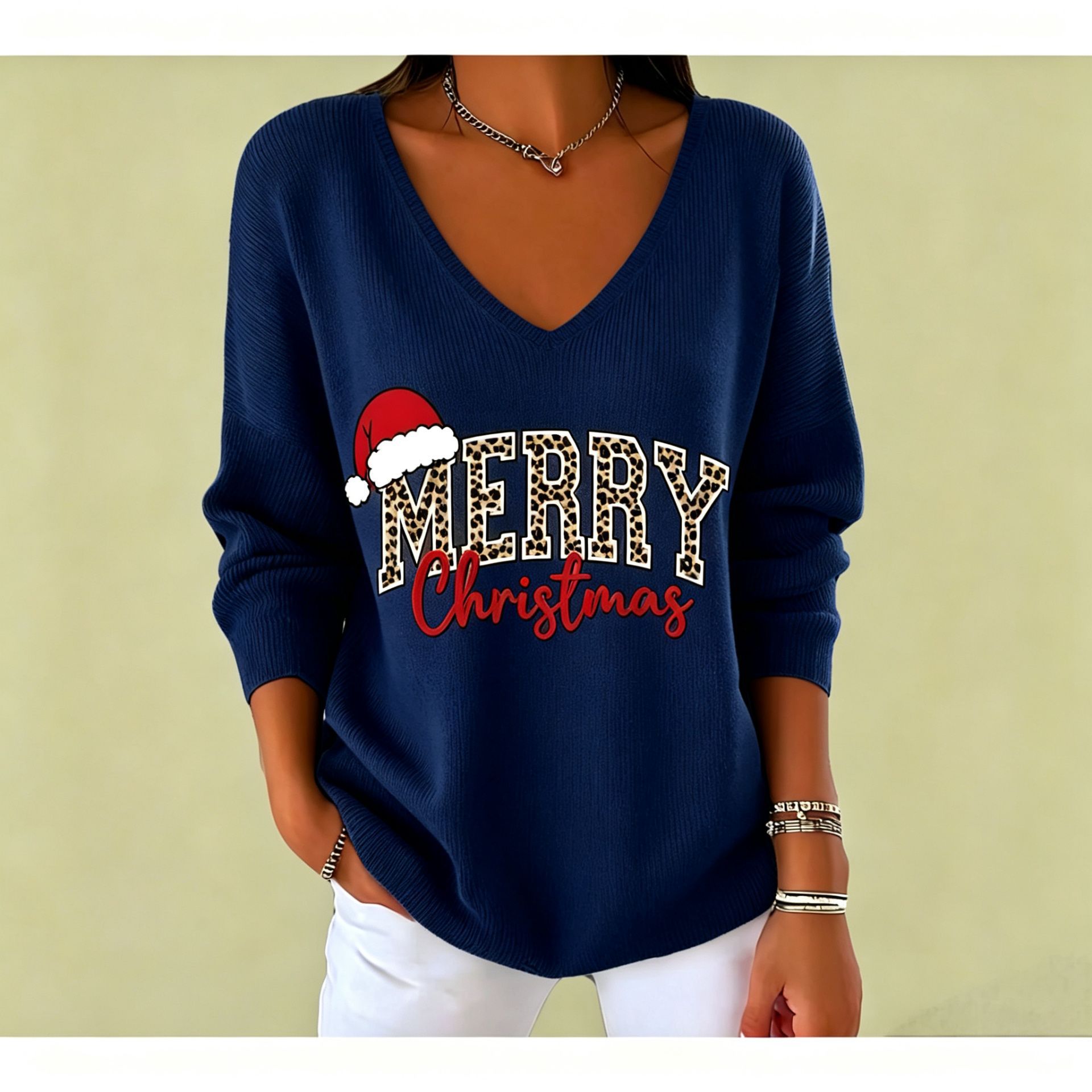 Christmas Letter Print V-Neck Long Sleeve Women's T-Shirt