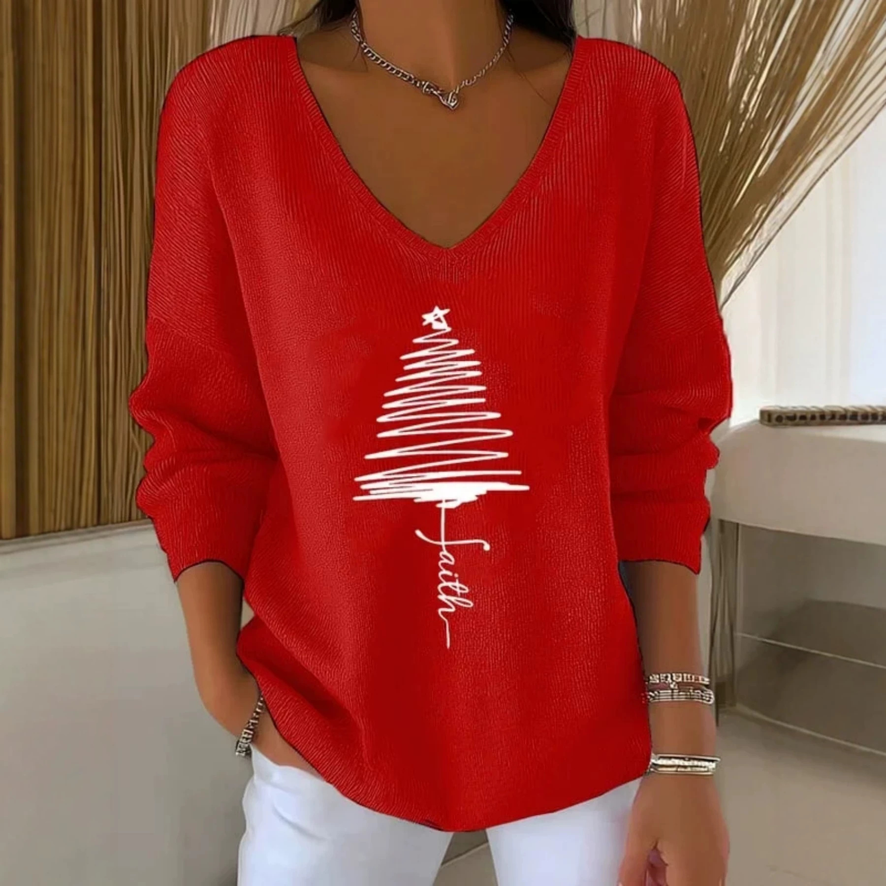 Christmas Tree Ribbon Print V-Neck Long-Sleeve T-Shirt
