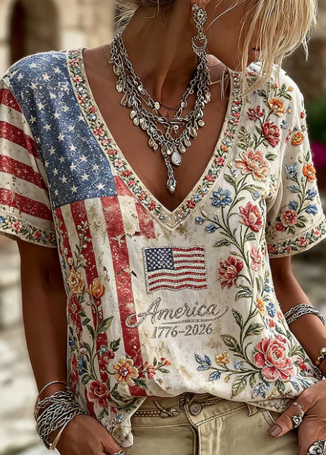 Floral Print V-Neck Short Sleeve Women's T-Shirt