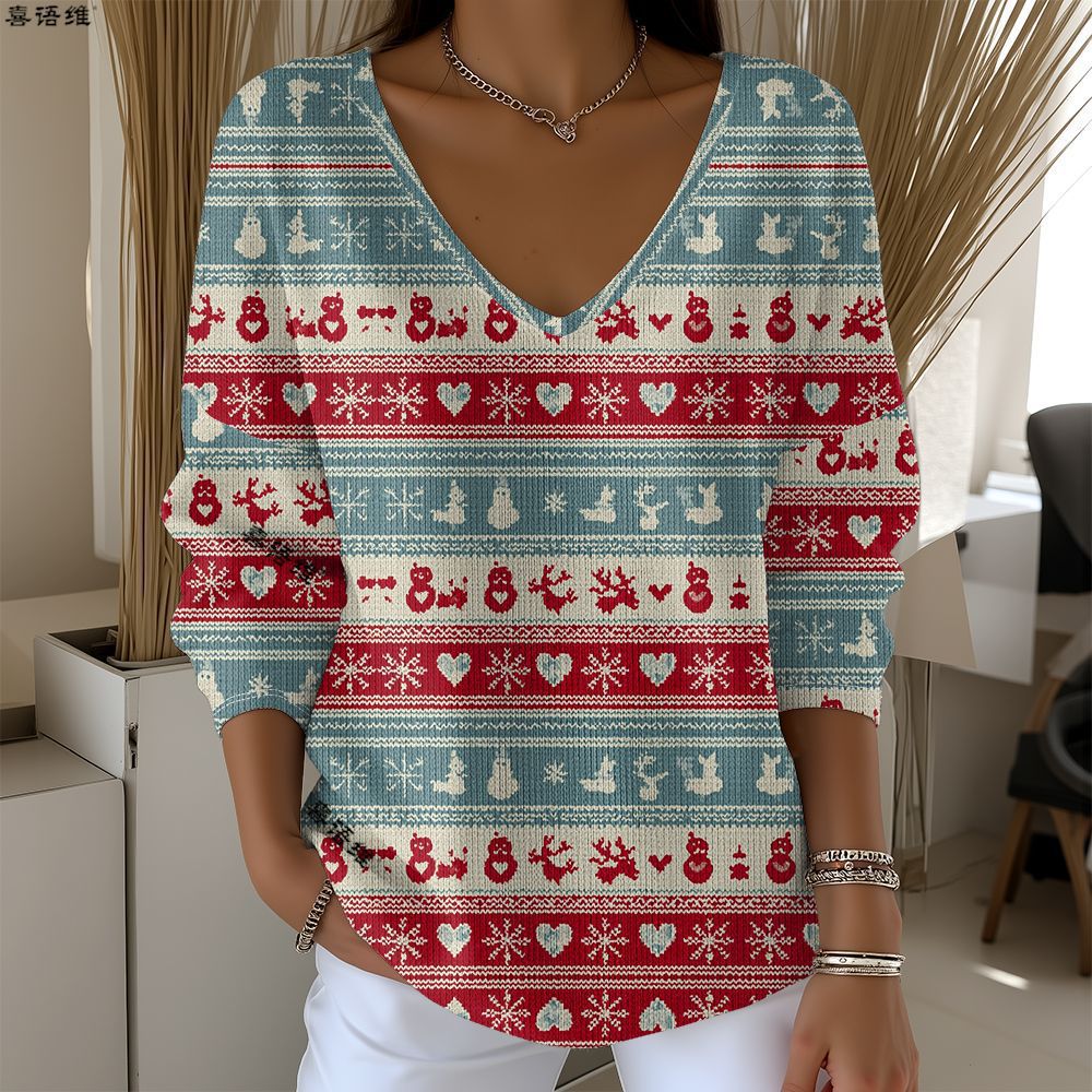 Christmas Snowman Reindeer Bow Print V-Neck Long Sleeve T-Shirt