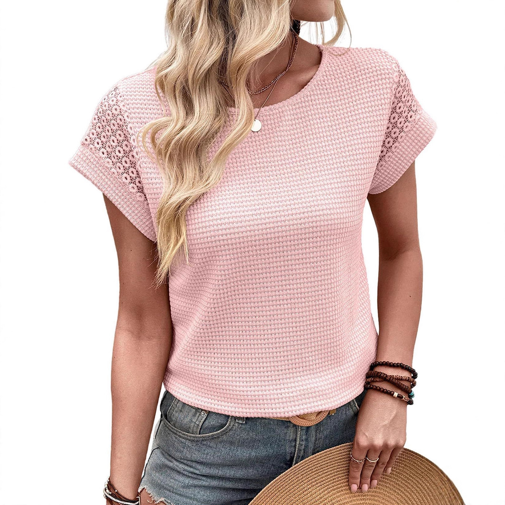 Women's Waffle Knit Lace Hollow-Out Short-Sleeve Crewneck T-Shirt