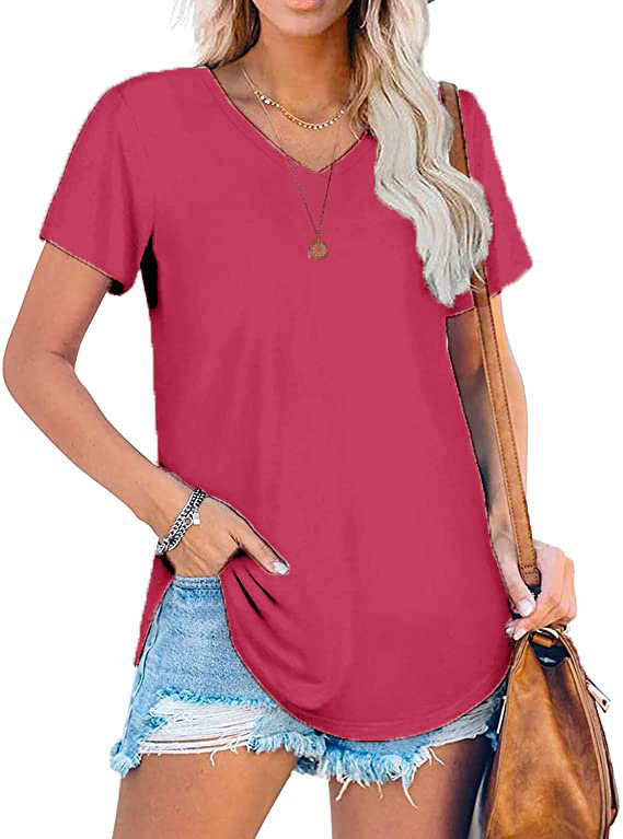 Women's V-Neck Knit Short Sleeve T-Shirt Loose Plus Size Solid Color Top