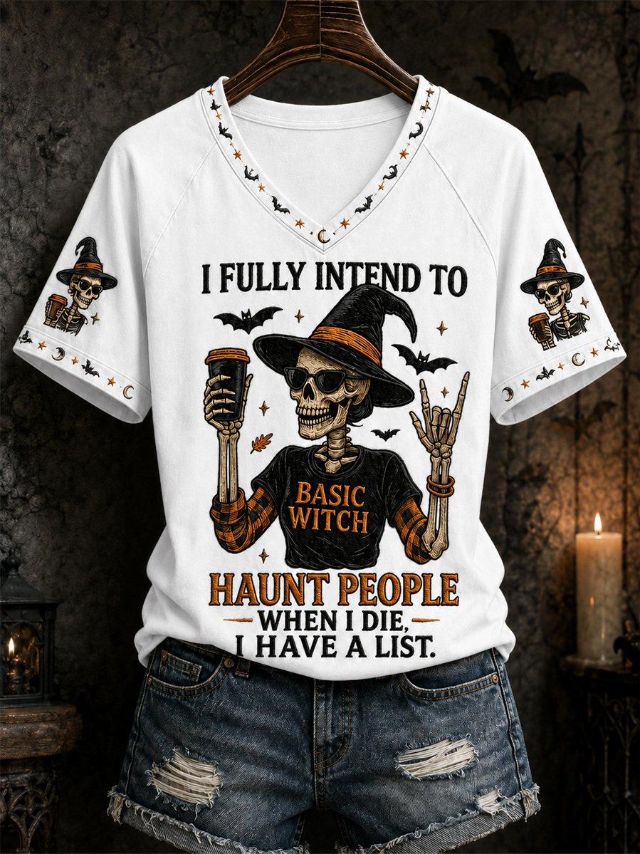 Skull Goblet Letter Print V-Neck Short Sleeve Women's T-Shirt