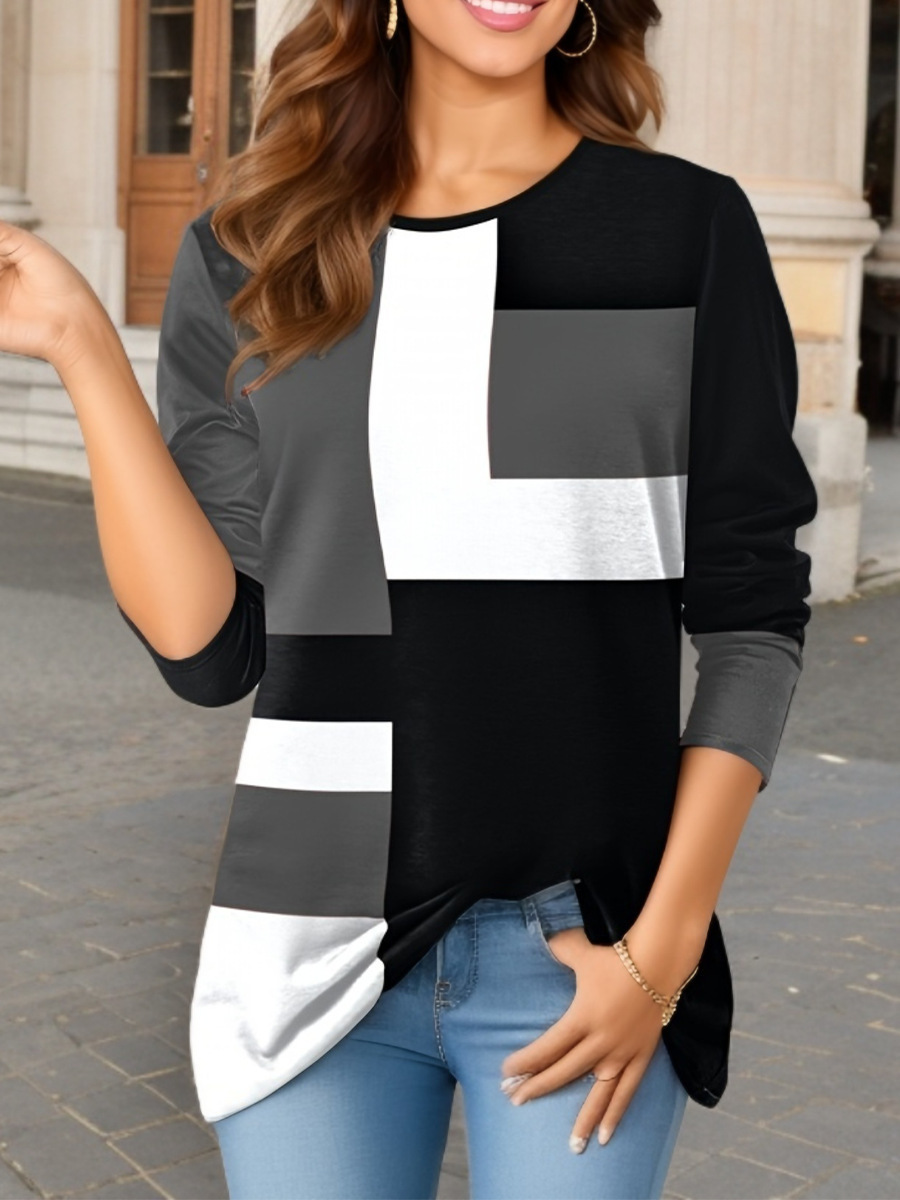 Geometric Color-Block Long-Sleeve T-Shirt