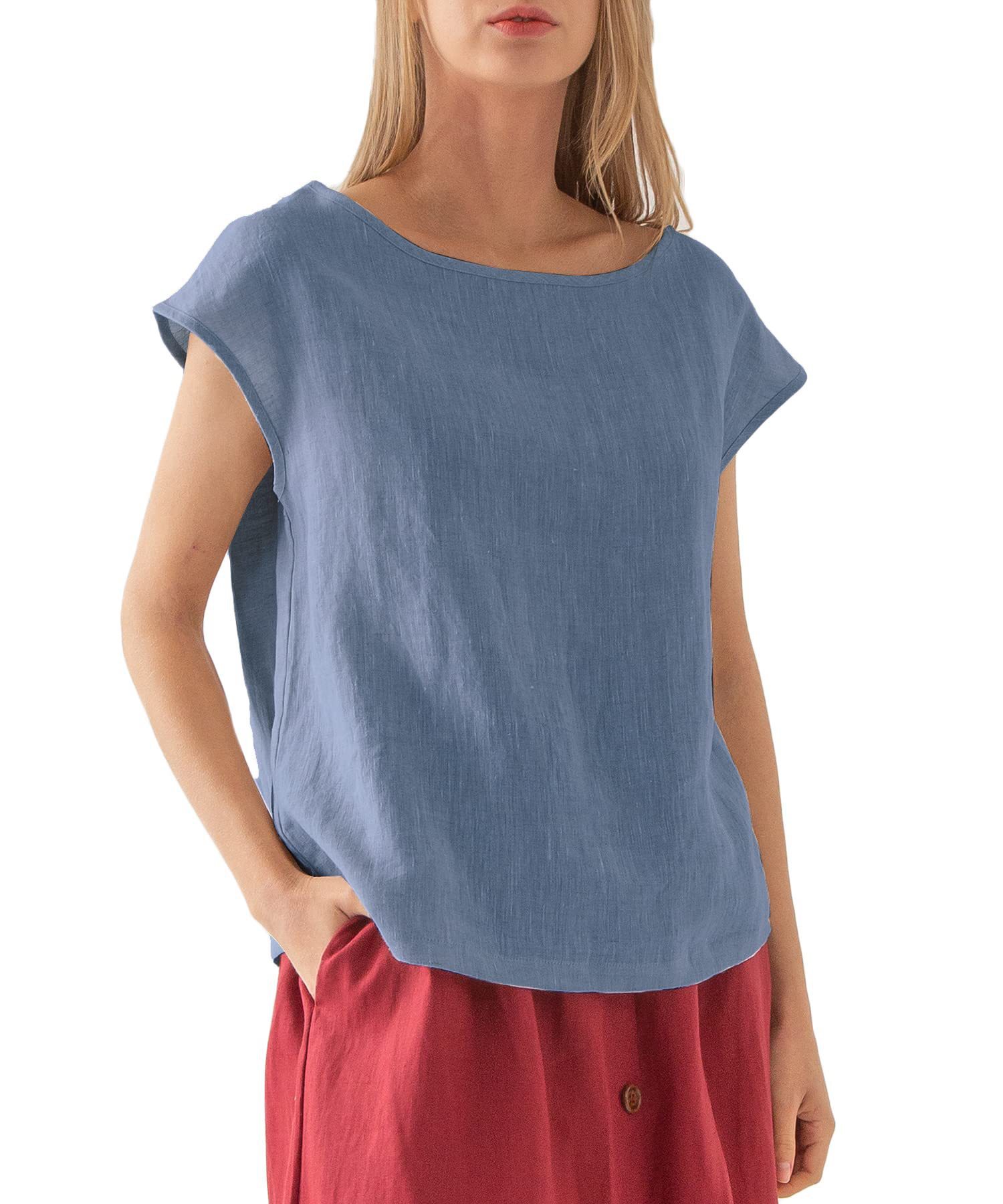 Women's Linen Short Sleeve Crewneck T-Shirt Solid Color Loose Fit