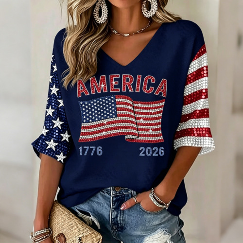Women's American Flag Firework Print V-Neck Short Sleeve T-Shirt