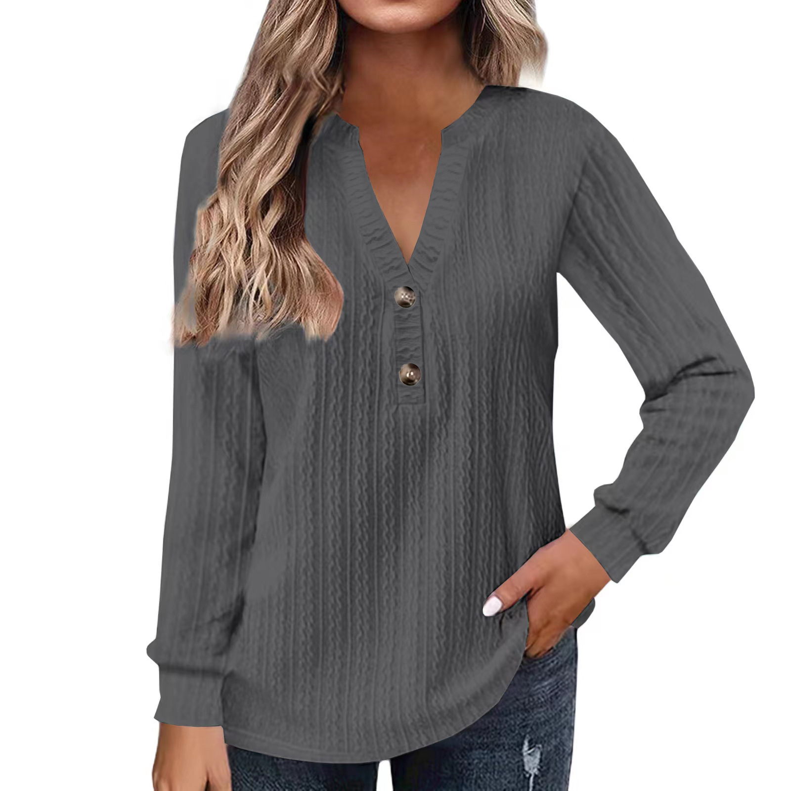 Women's Long Sleeve V-Neck Button T-Shirt Solid Color Top