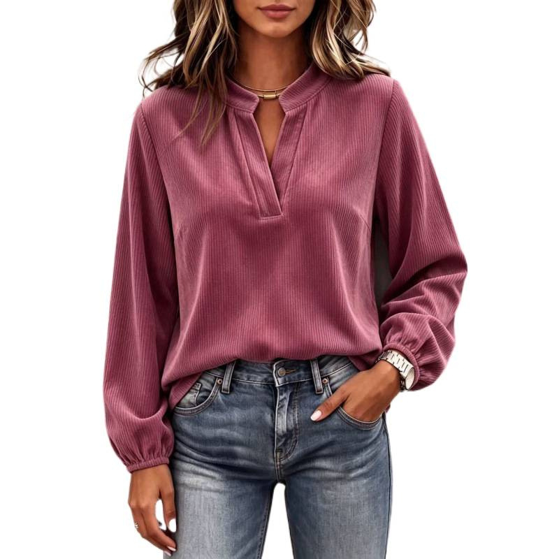 Ribbed Henley Neck Long Sleeve Top Half-Open V-Neck Lantern Sleeve Loose Fit