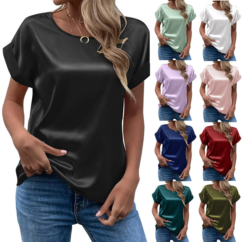 Women's Satin Crewneck Straight-Fit Short-Sleeve T-Shirt