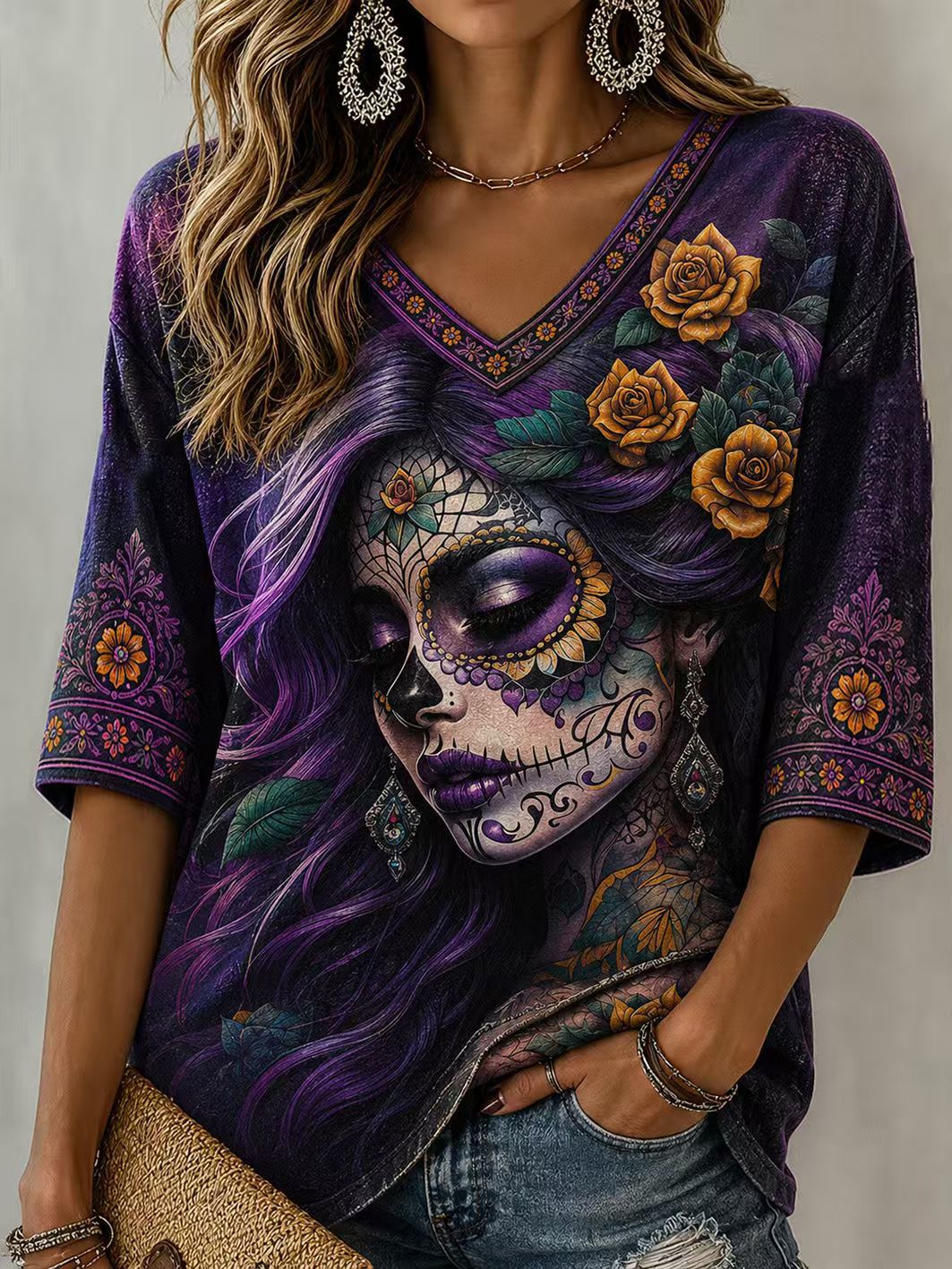 Halloween Ghost Print V-Neck Half-Sleeve Women's T-Shirt