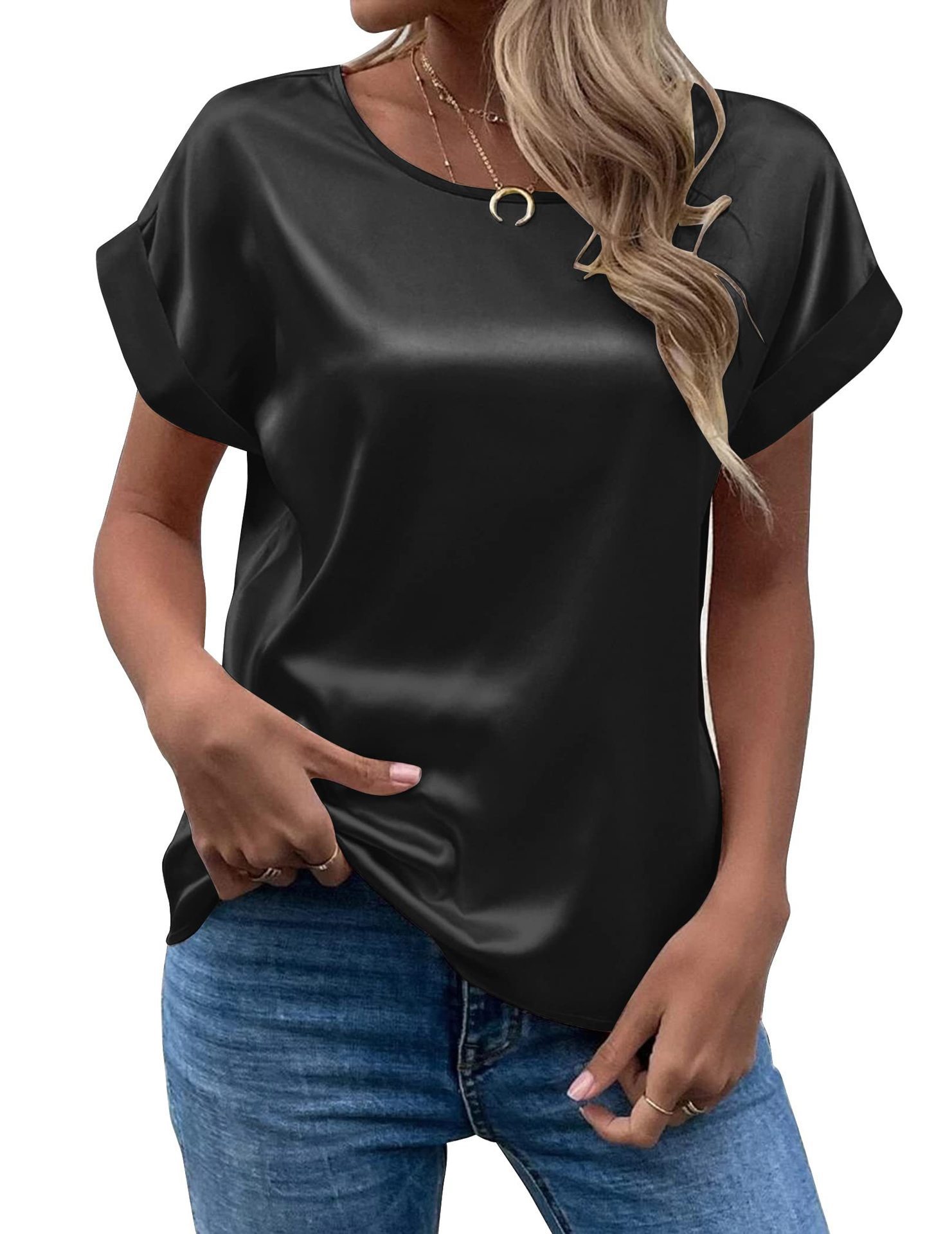 Women's Satin Crewneck Straight-Fit Short-Sleeve T-Shirt