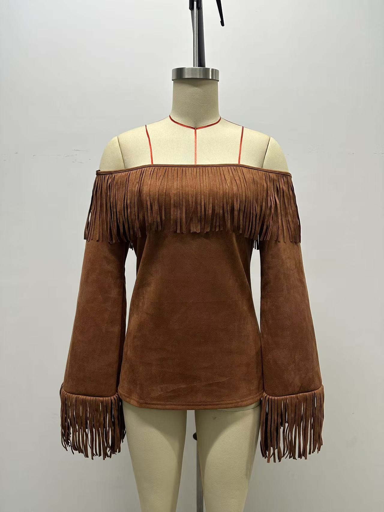 Women's Off-Shoulder Faux Suede Fringe Top with Flared Sleeves