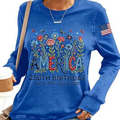 American Flag Letter Floral Print Long Sleeve Women's Top