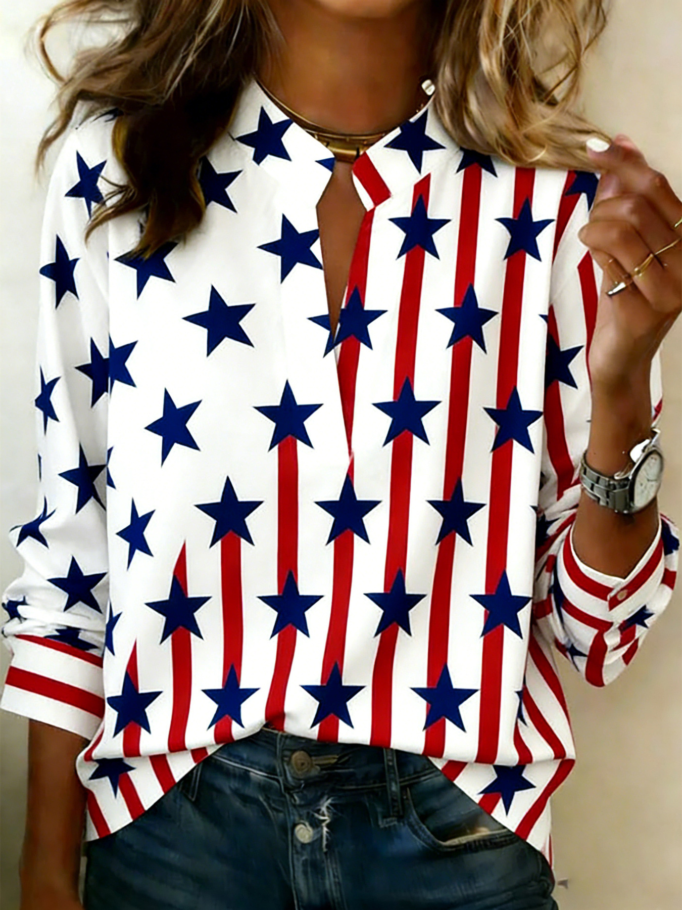 American Flag Print V-Neck Long-Sleeve T-Shirt