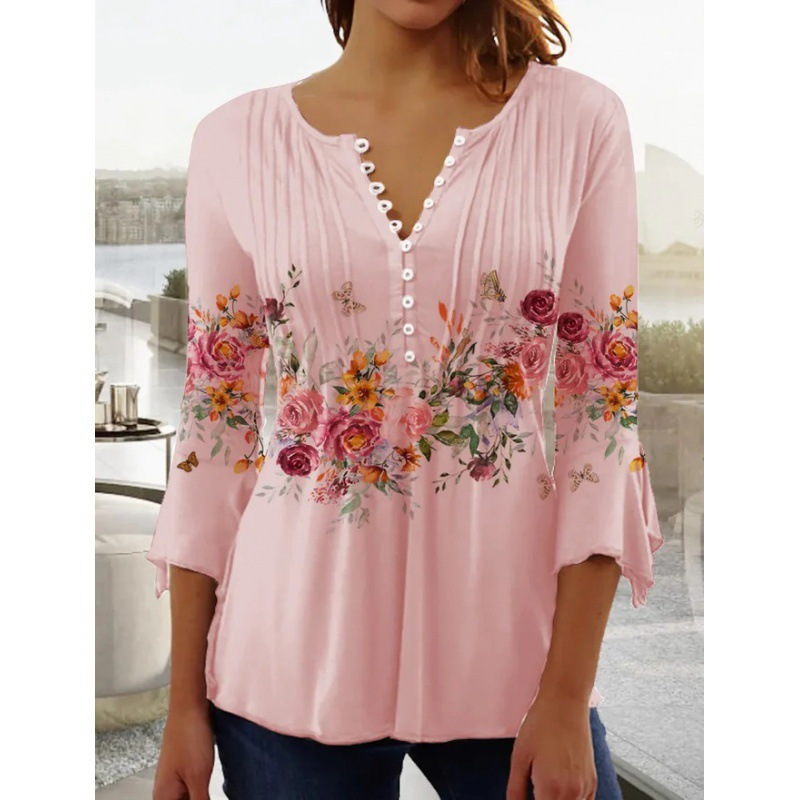 Floral Print V-Neck Short Sleeve Pleated Button T-Shirt