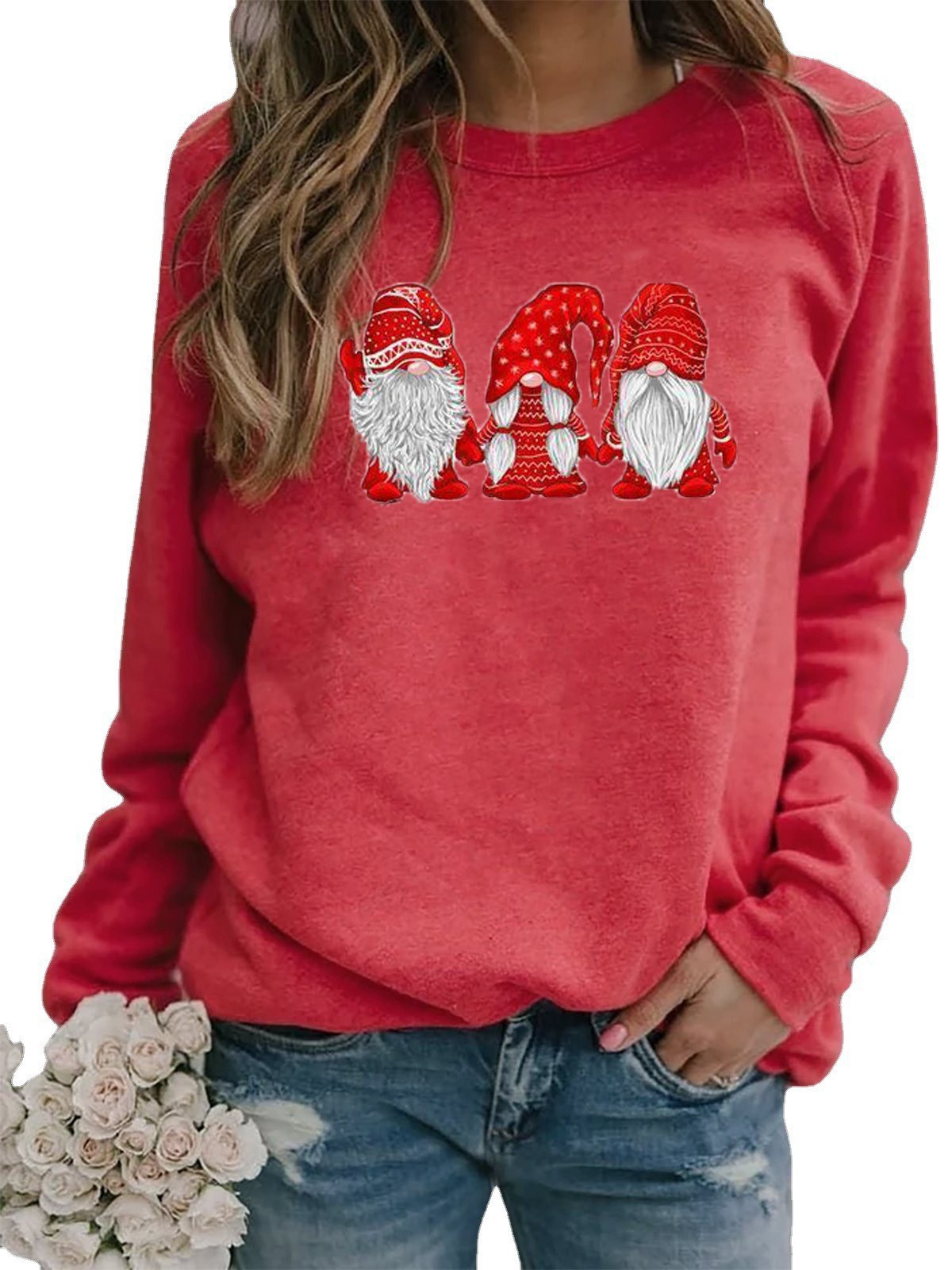 Women's Christmas Santa Print Long Sleeve Crewneck Loose T-Shirt