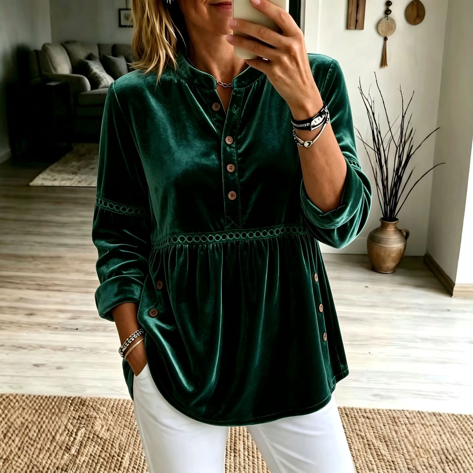 Gold Velvet Stand Collar Half-Button Long Sleeve Loose Casual Top