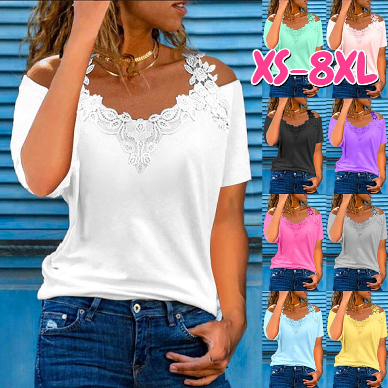 V-Neck Lace Panel Short Sleeve Loose Casual T-Shirt for Women
