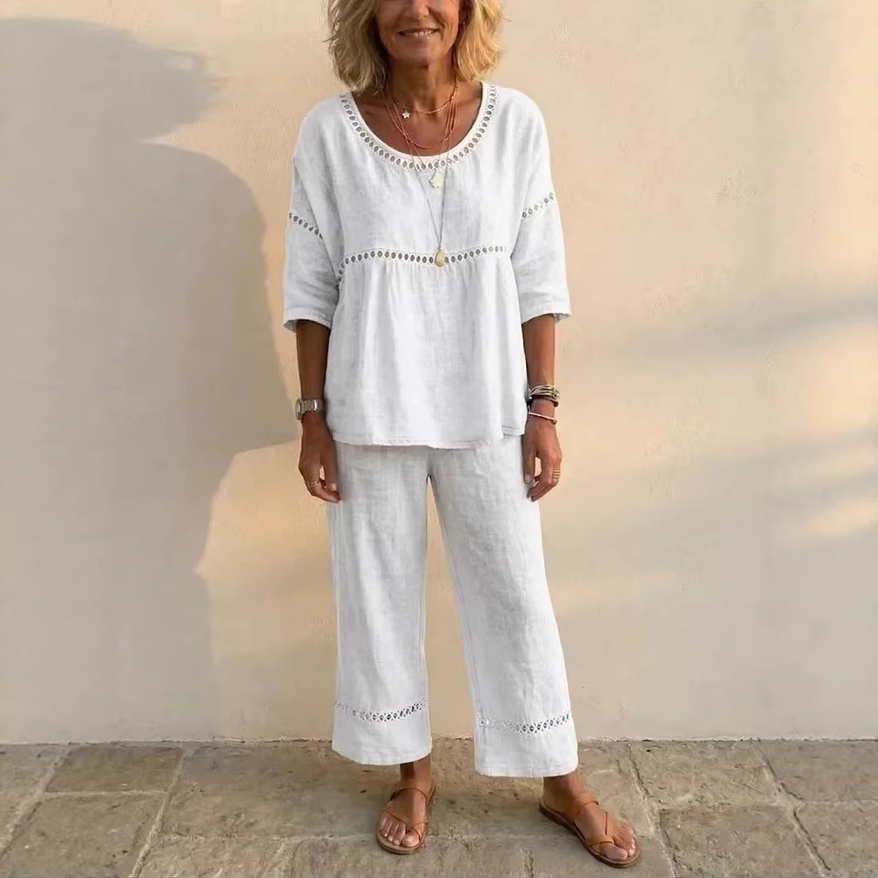 Women's Faux Denim Two-Piece Set – Relaxed Crewneck Lace-Trim Top & Pants