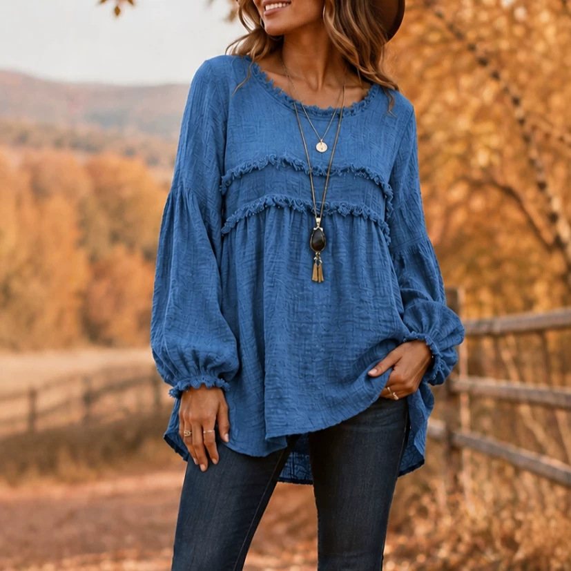 Fringed Trim Patchwork Long Sleeve Casual Top