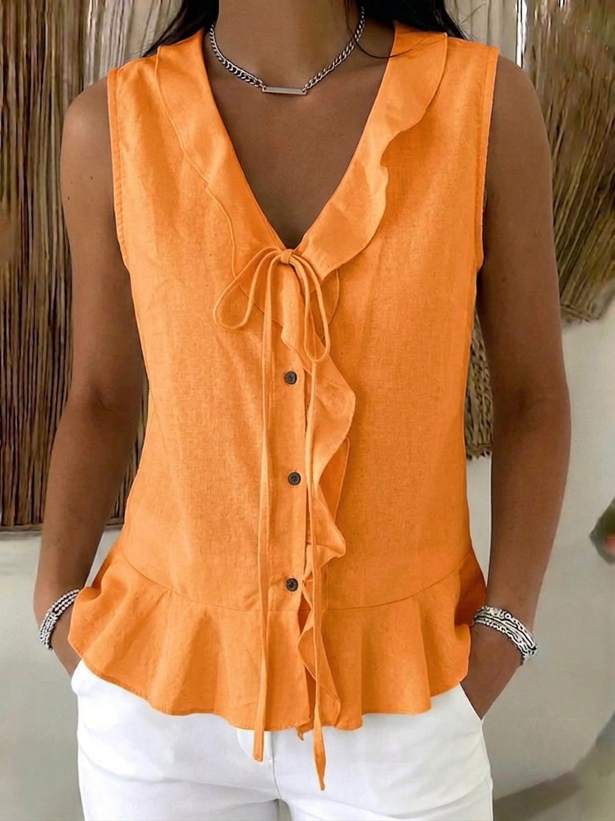 V-Neck Ruffle Tie Sleeveless Tank Top with Ruffle Hem Casual Women's Blouse