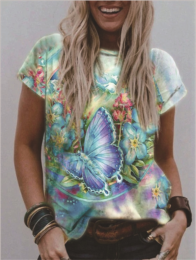 Women's V-Neck Floral Print Short Sleeve Loose Fit T-Shirt