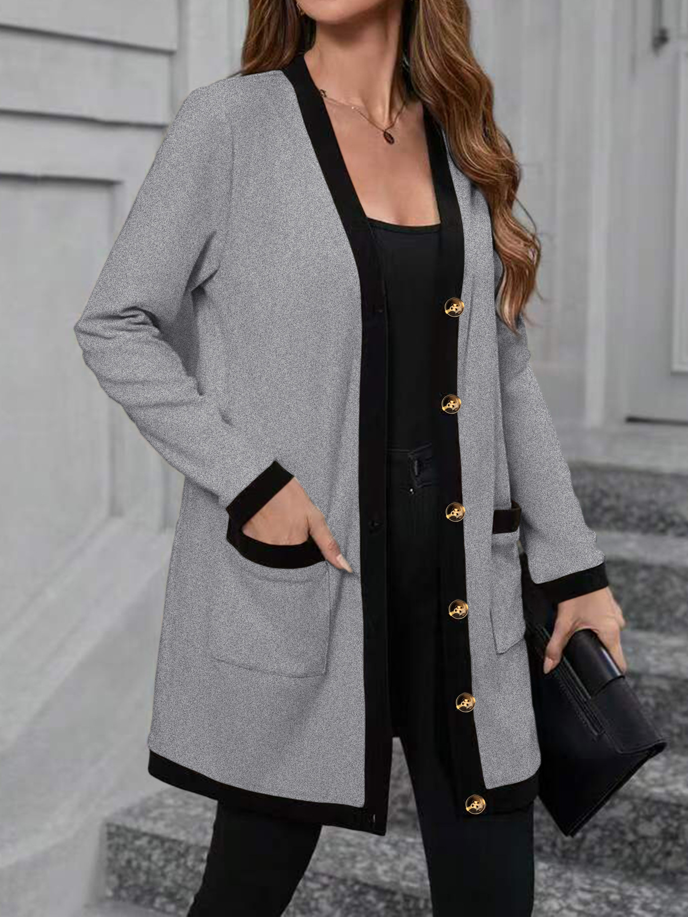 Colorblock Trim Knit Cardigan Women Open Front Midi Pocket Long Sleeve Plus Size