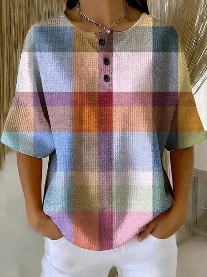 Summer Plaid Floral Print Short Sleeve Button-Up Top