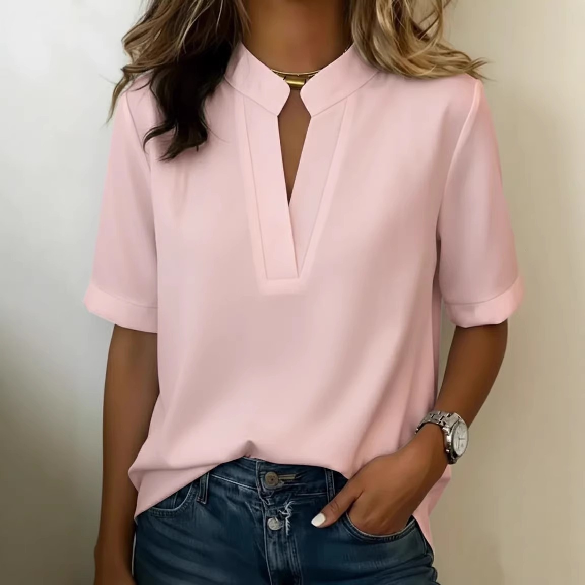 Summer Short Sleeve Button-Up Top with Diamond Print