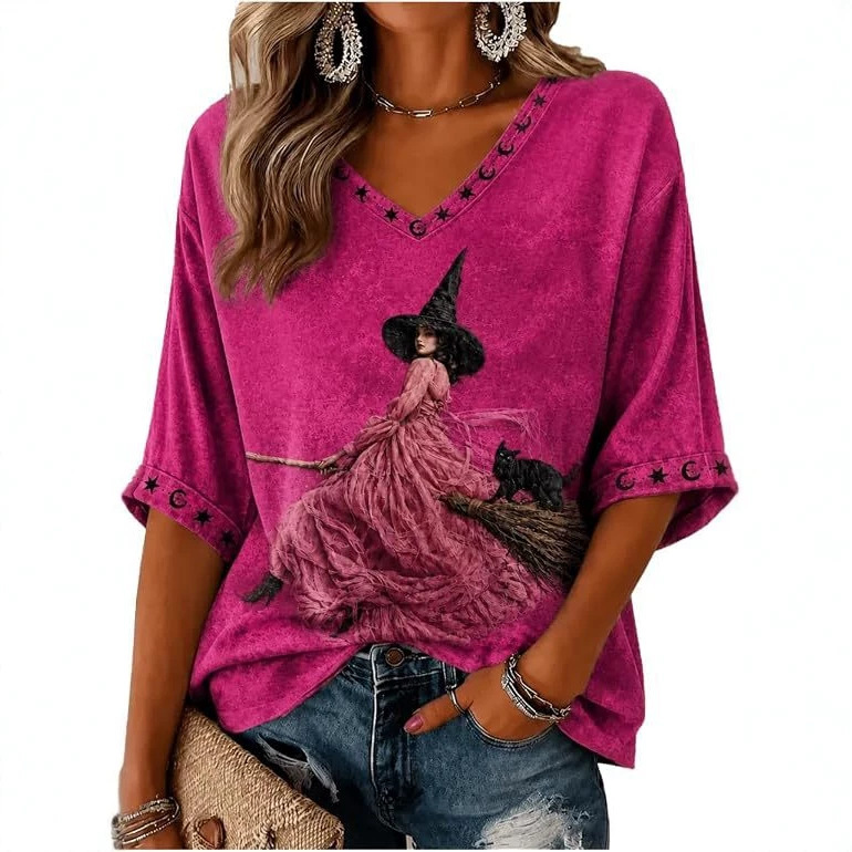 Halloween Witch Print V-Neck Half-Sleeve Women's T-Shirt