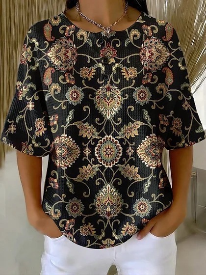 Summer Plaid Floral Print Short Sleeve Button-Up Top