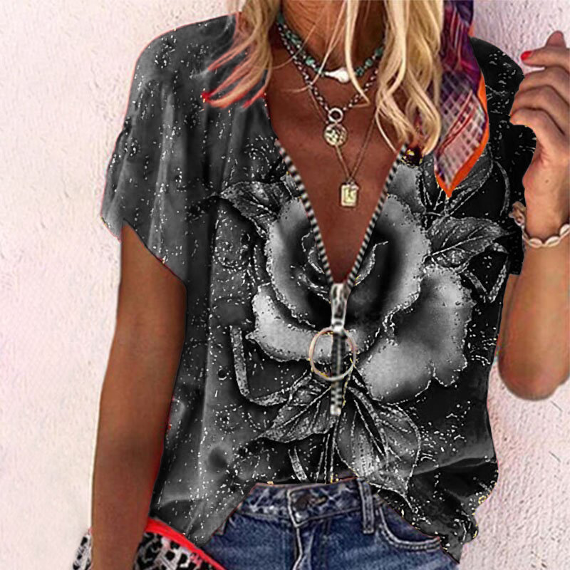 Women's Zip Short Sleeve Rose Print T-Shirt
