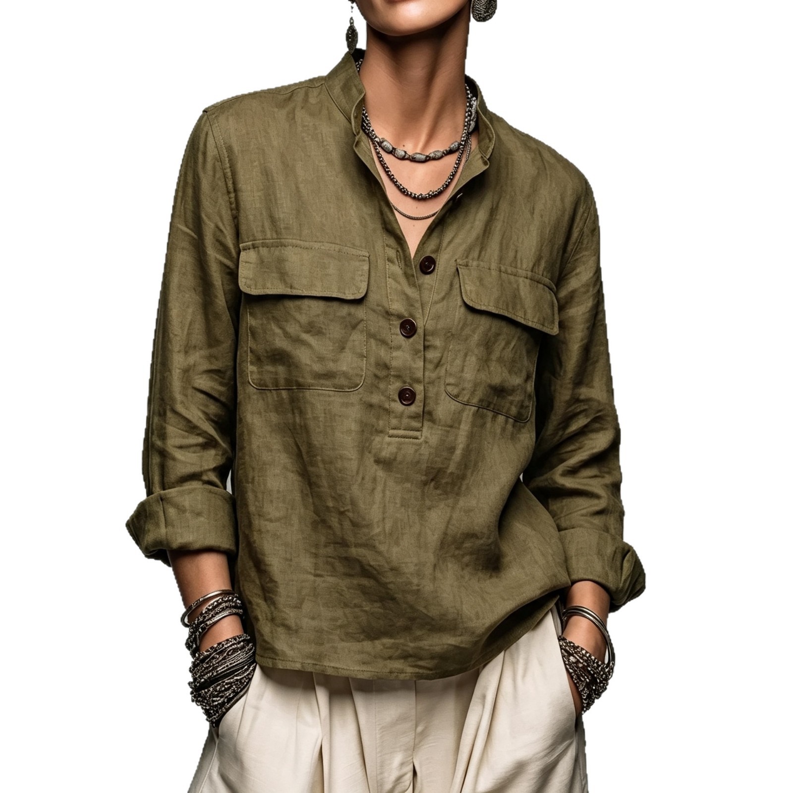 Women's Retro Stand Collar Button Pocket Loose Long Sleeve Pullover Shirt