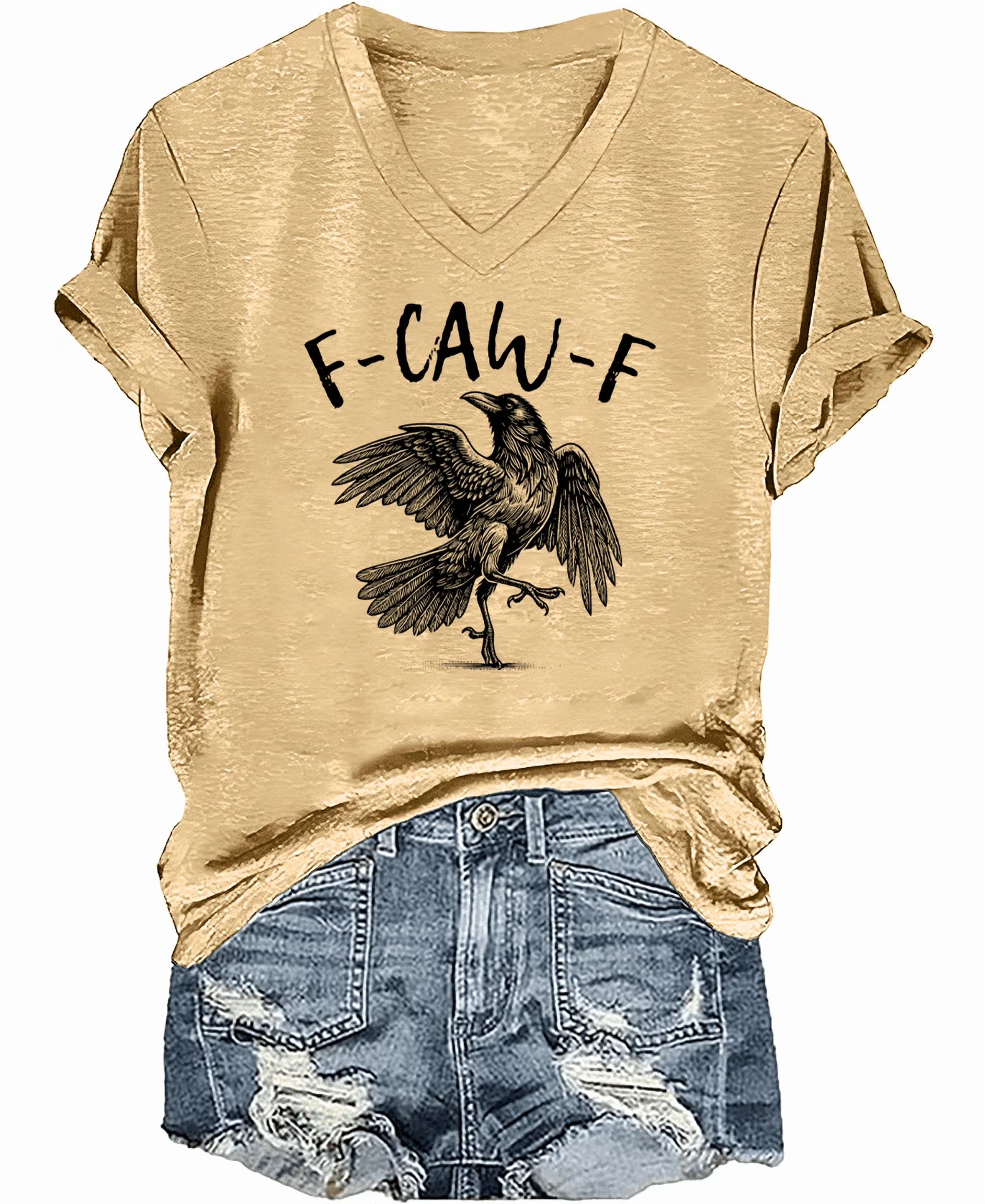 Flying Raven Graphic V-Neck Short Sleeve T-Shirt for Women