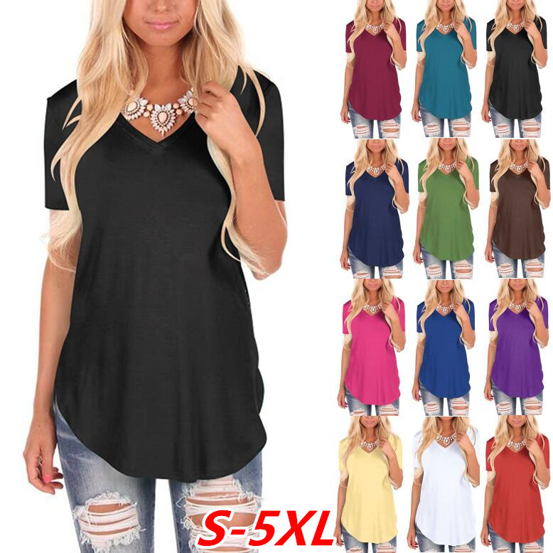 Women's V-Neck Knit Short Sleeve T-Shirt Loose Plus Size Solid Color Top