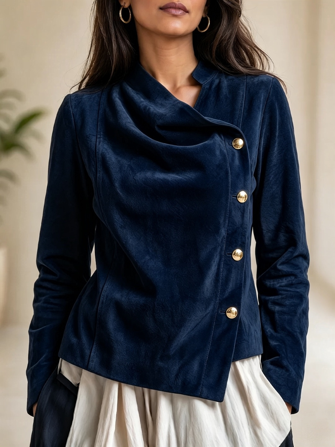 Women's Vintage Pleated Asymmetric Button Stand Collar Long Sleeve Jacket