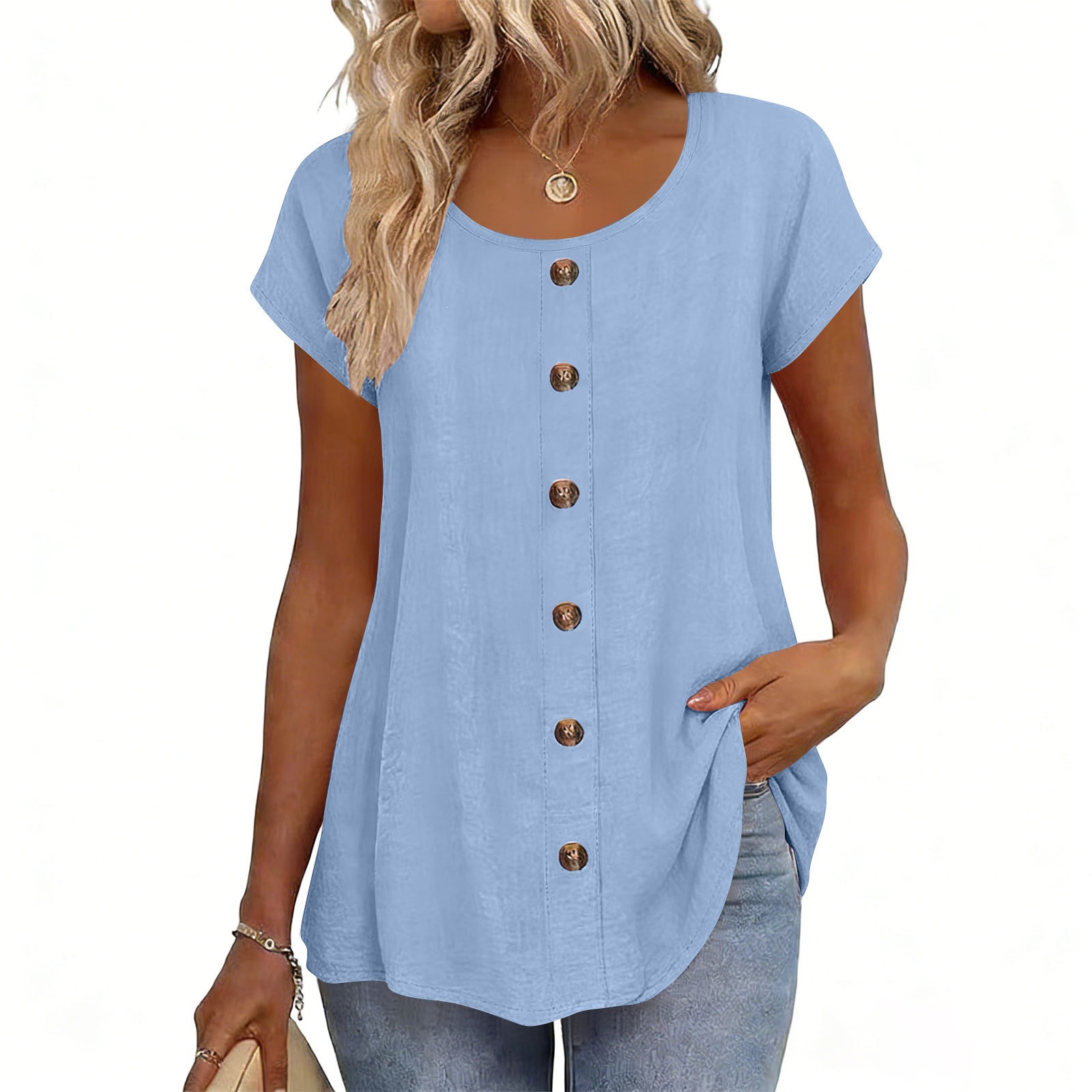 Elegant Button-Trim Solid Short-Sleeve Crewneck T-Shirt