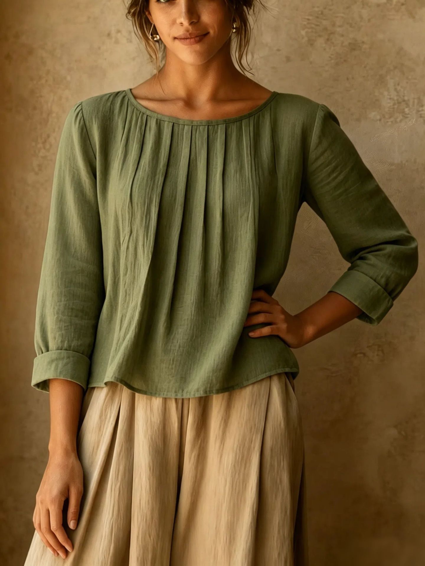 2026 New Cross-Border Summer Women's Cotton-Linen Top Loose Slimming Pleated Round Neck Eight-Sleeve Shirt Solid Color Casual
