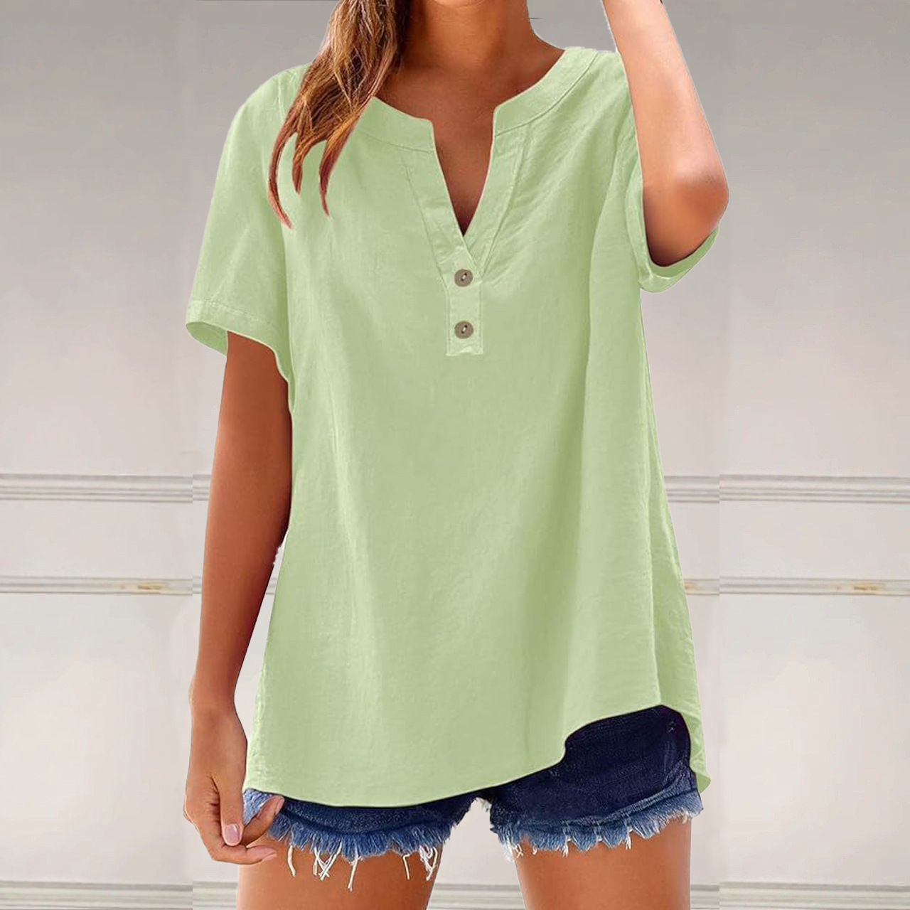 Women's Casual Loose Cotton-Blend Shirt Short Sleeve V-Neck Colorblock Top