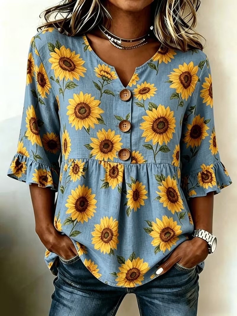 Floral Print Half-Sleeve Button-Up Top