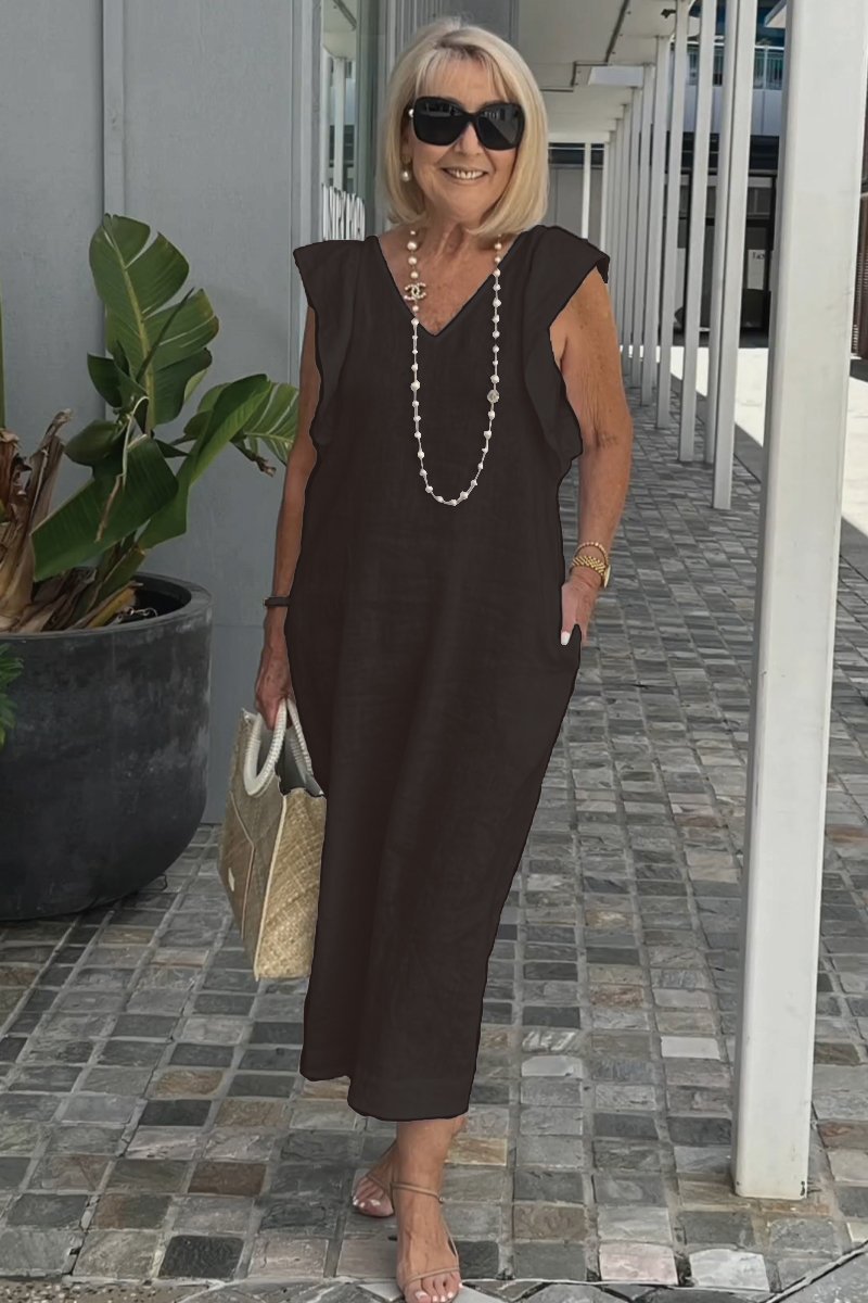 Women's Summer Cotton-Linen Dress with Back Tie and Flutter Sleeves